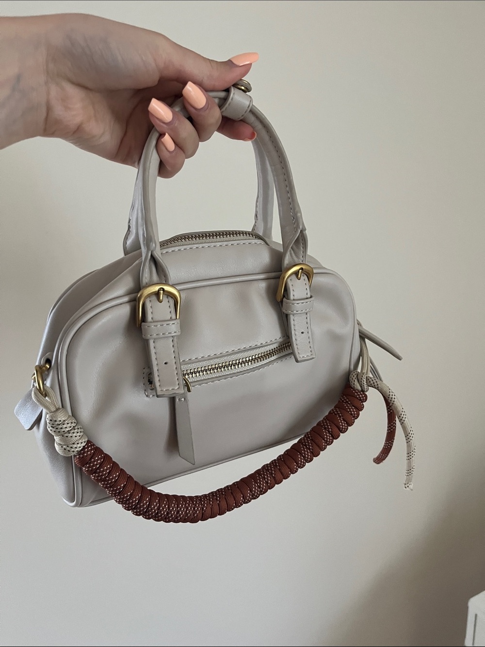 Zara Mini Top-Handle Bag in Light Gray with Brown Accent